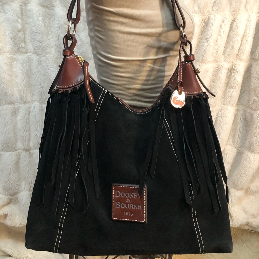 Dooney & Bourke fringed black suede and brown leather trim hobo purse